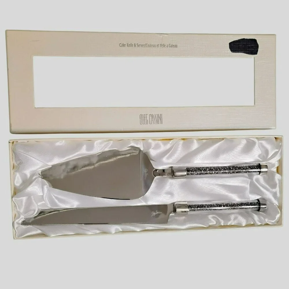 Oleg Cassini Crystal Hematite Cake Knife & Server Set, Wedding Anniversary